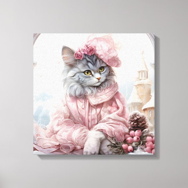 Gray Cat Dressed In Pink  In A Window Canvas Print (Front)