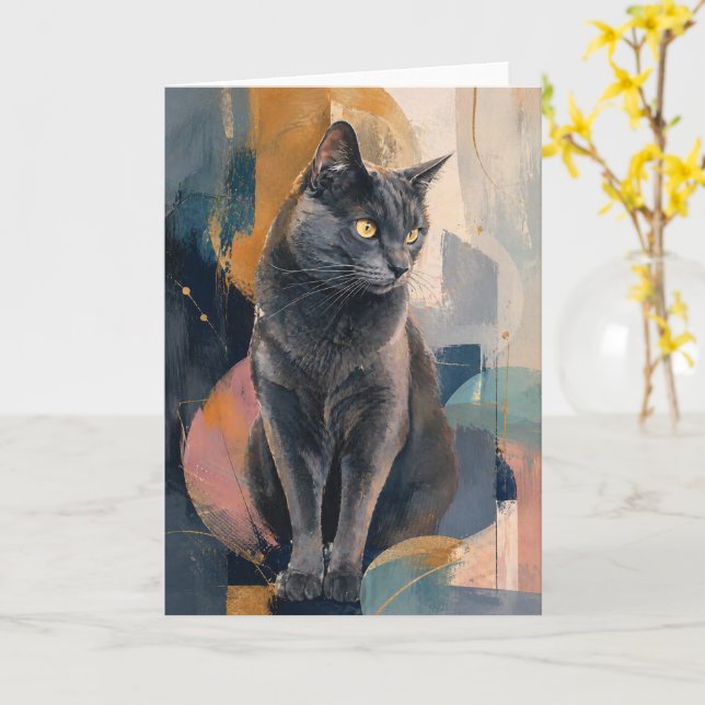 Gray Cat Golden Gaze Card (Yellow Flower)