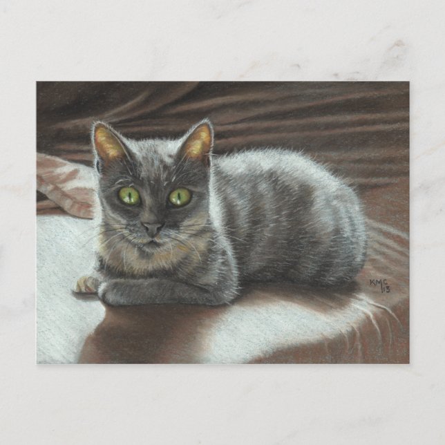 Gray Cat Green Eyes on Bed Postcard KMCoriginals (Front)
