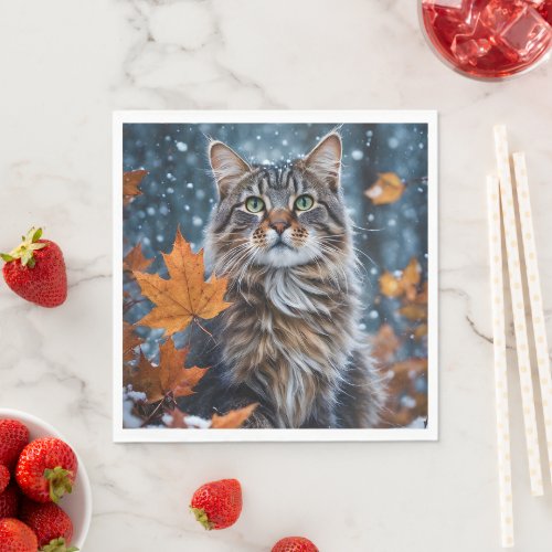 Gray Cat Green Eyes Posing with Fall Leaves Napkins