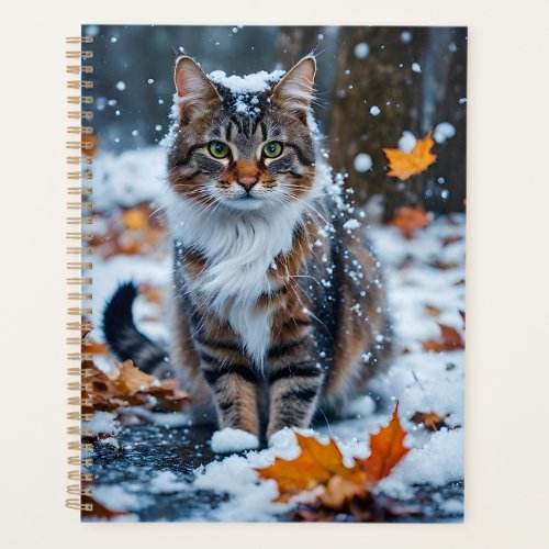 Gray Cat Green Eyes Posing with Fall Leaves Planner
