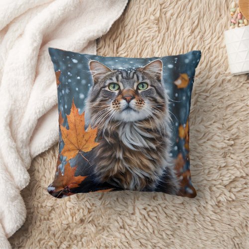 Gray Cat Green Eyes Posing with Fall Leaves  Throw Pillow