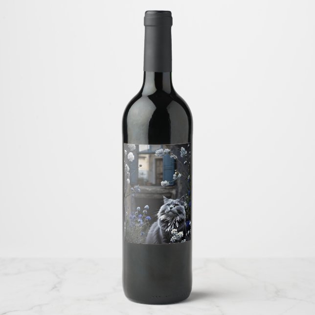 Gray Cat in a field of flowers Wine Label (Front)