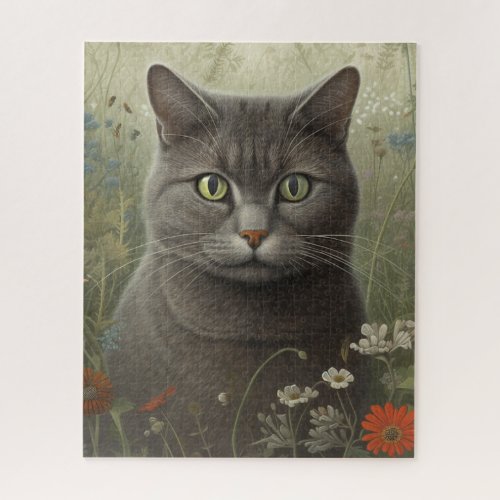 Gray Cat In a Field of Wildflowers Jigsaw Puzzle