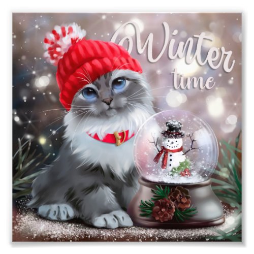 Gray cat in a red cap and a snowman in a snowball	 photo print