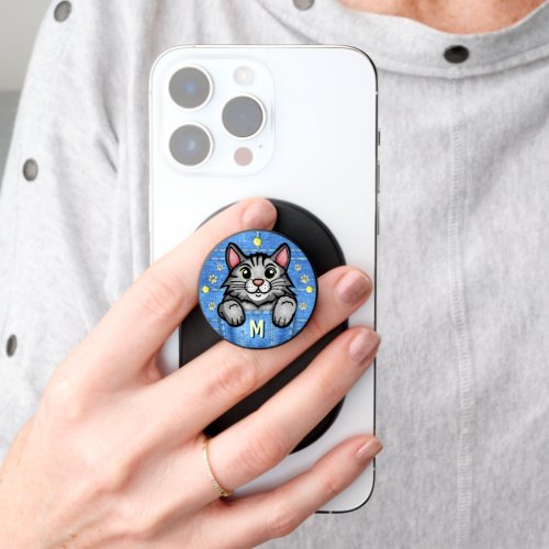 Gray Cat in Faux Denim Pocket Custom Monogram PopSocket