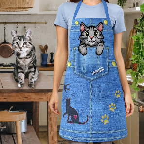 Gray Cat in Faux Denim Pocket with Custom Name Apron