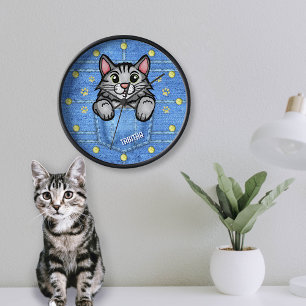 Gray Cat in Faux Denim Pocket with Custom Name Clock