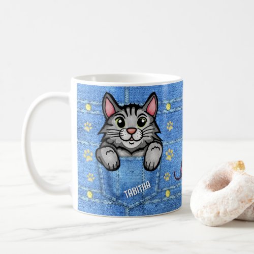 Gray Cat in Faux Denim Pocket with Custom Name Coffee Mug