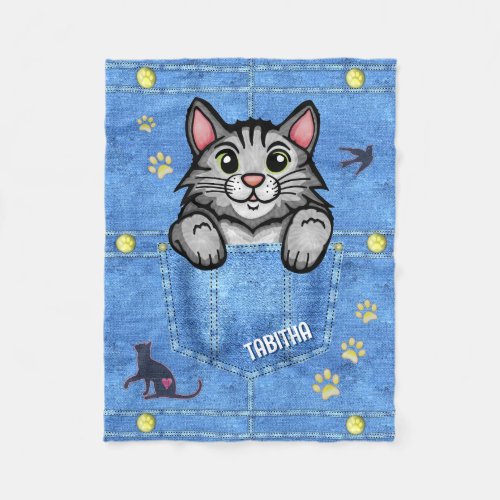Gray Cat in Faux Denim Pocket with Custom Name Fleece Blanket