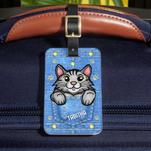 Gray Cat in Faux Denim Pocket with Custom Name Luggage Tag