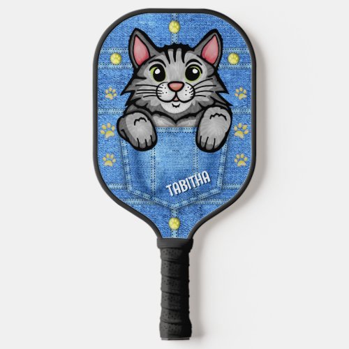 Gray Cat in Faux Denim Pocket with Custom Name Pickleball Paddle