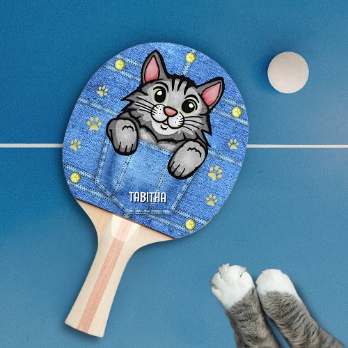 Gray Cat in Faux Denim Pocket with Custom Name Ping Pong Paddle