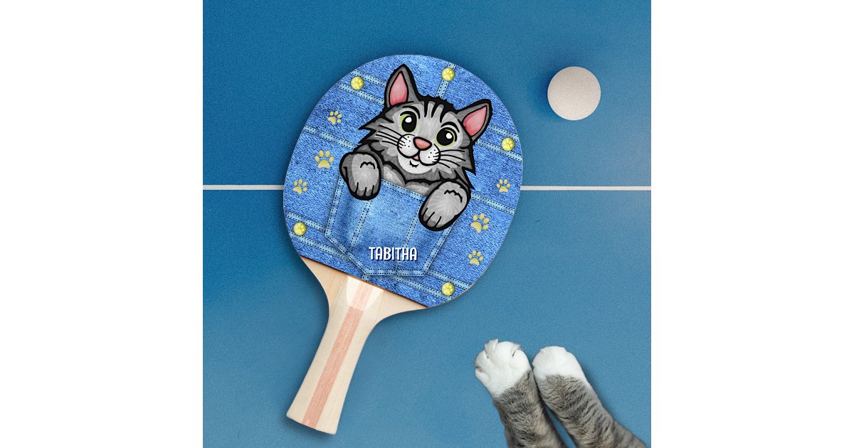 Gray Cat in Faux Denim Pocket with Custom Name Ping