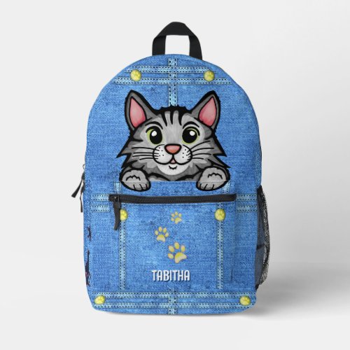 Gray Cat in Faux Denim Pocket with Custom Name Printed Backpack