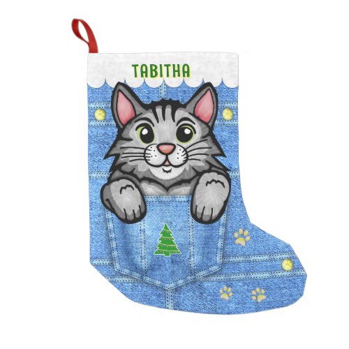 Gray Cat in Faux Denim Pocket with Custom Name Small Christmas Stocking