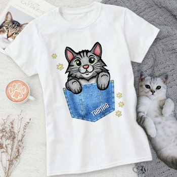 Gray Cat In Faux Denim Pocket With Custom Name T-shirt by LaborAndLeisure at Zazzle