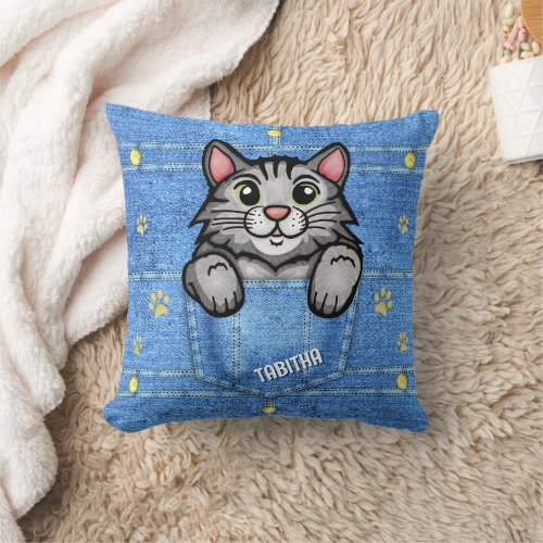 Gray Cat in Faux Denim Pocket with Custom Name Throw Pillow