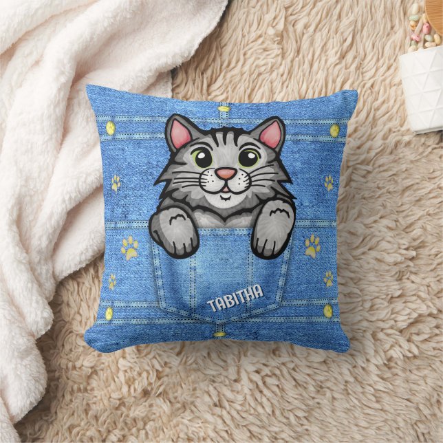 Gray Cat in Faux Denim Pocket with Custom Name Throw Pillow (Blanket)