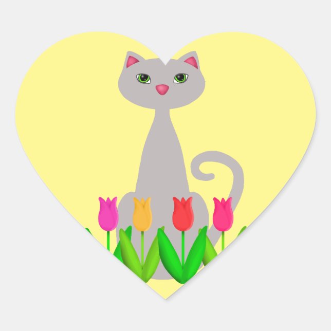 Gray Cat in Spring Flowers Heart Sticker (Front)