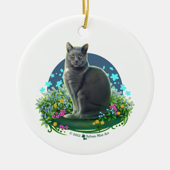 Gray Cat in the Flower Garden Ceramic Ornament (Front)