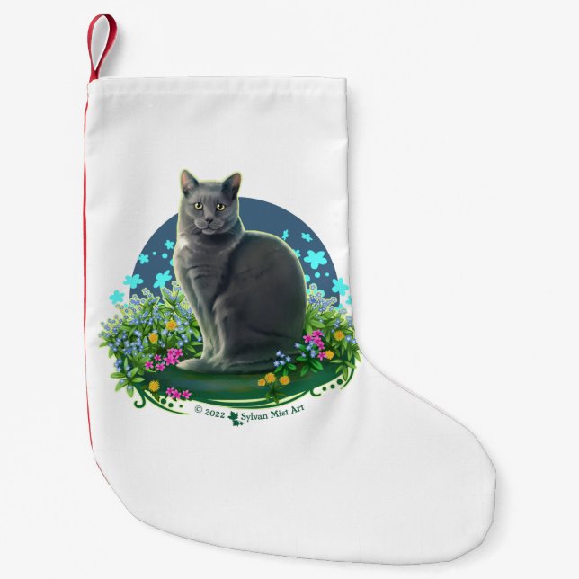 Gray Cat in the Flower Garden Small Christmas Stocking (Front)