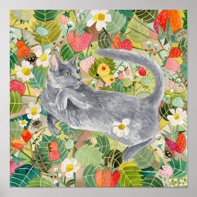 Gray Cat in the Strawberry Patch poster (Front)