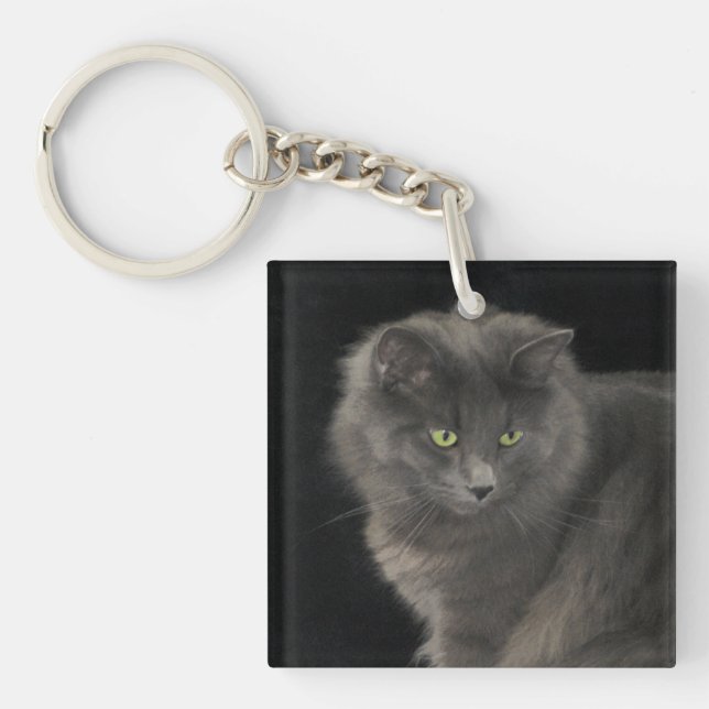 Gray Cat Long Hair Russian Blue Kitty Kitten Cute Keychain (Front)
