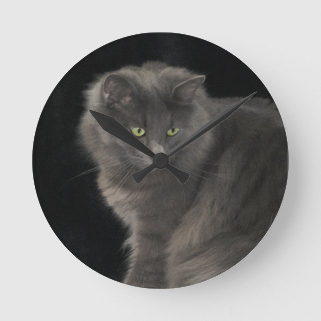 Gray Cat Long Hair Russian Blue Kitty Kitten Cute  Round Clock (Front)