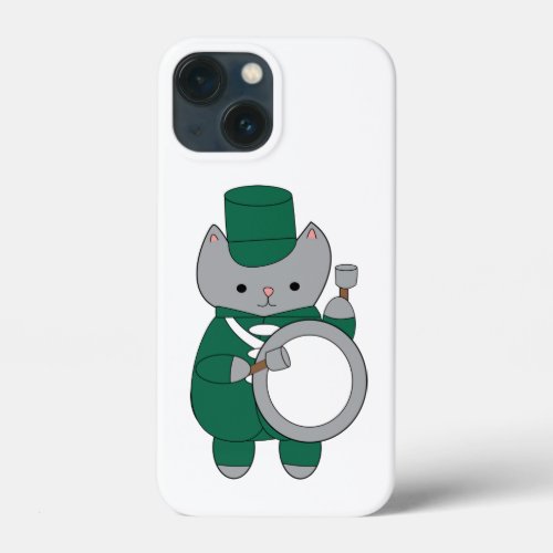 Gray Cat Marching Band Green White Bass Drummer iPhone 13 Mini Case