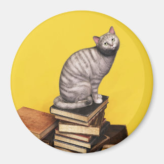 Gray Cat on a stack of books Magnet