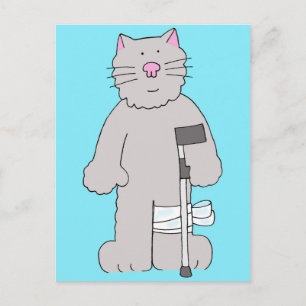 Gray Cat on Crutch Knee Surgery Recovery Postcard