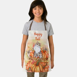 Gray Cat Orange Pumpkins Fall Autumn Harvest Apron