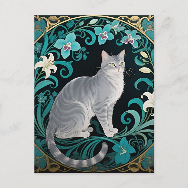 Gray Cat Ornate Floral Frame Postcard (Front)