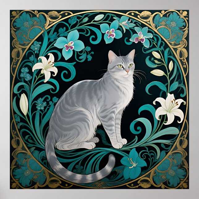 Gray Cat Ornate Floral Frame Poster (Front)