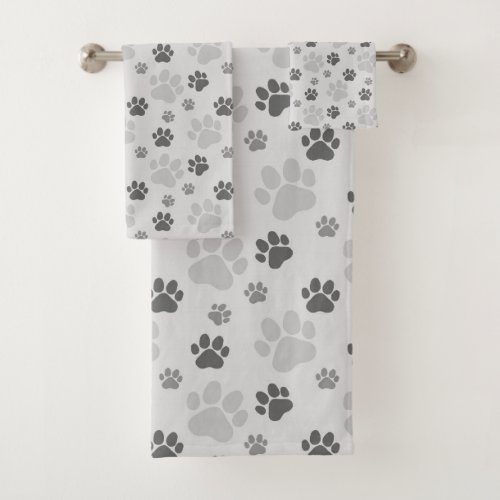 Gray Cat Paw Print Pattern Bath Towel Set