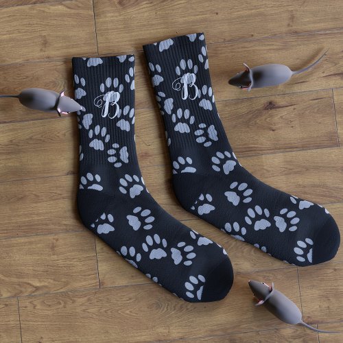 Gray Cat Paw Print Pattern Monogrammed Black Socks