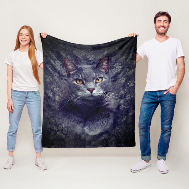 Gray Cat Portrait Fleece Blanket (In Situ)