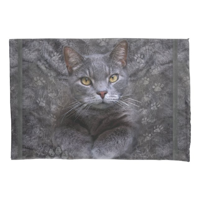 Gray Cat Portrait Pillow Case (Front)