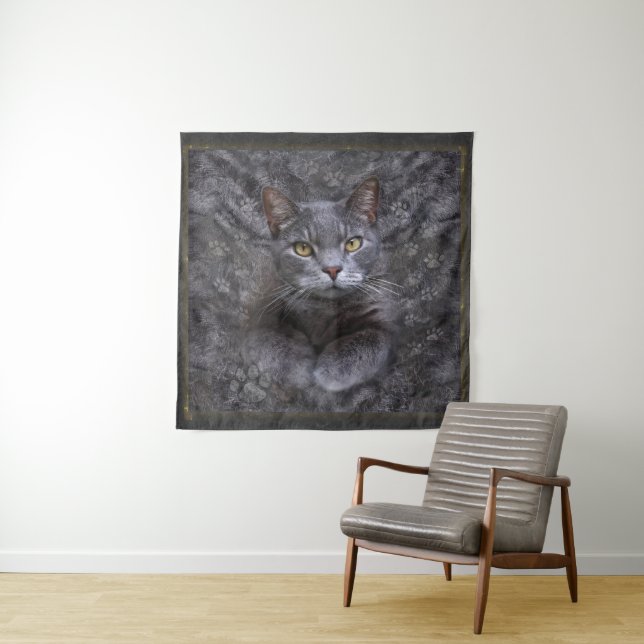 Gray Cat Portrait Tapestry (In Situ)