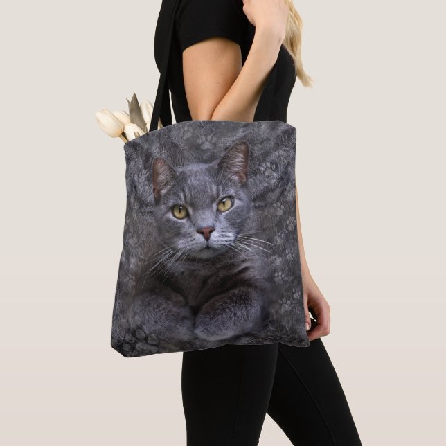 Gray Cat Portrait Tote Bag (Close Up)