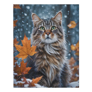 Gray Cat Pose Leaves Faux Wrapped Canvas Print