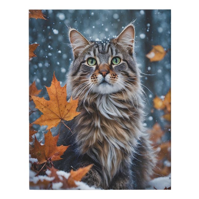 Gray Cat Pose Leaves Faux Wrapped Canvas Print (Front)