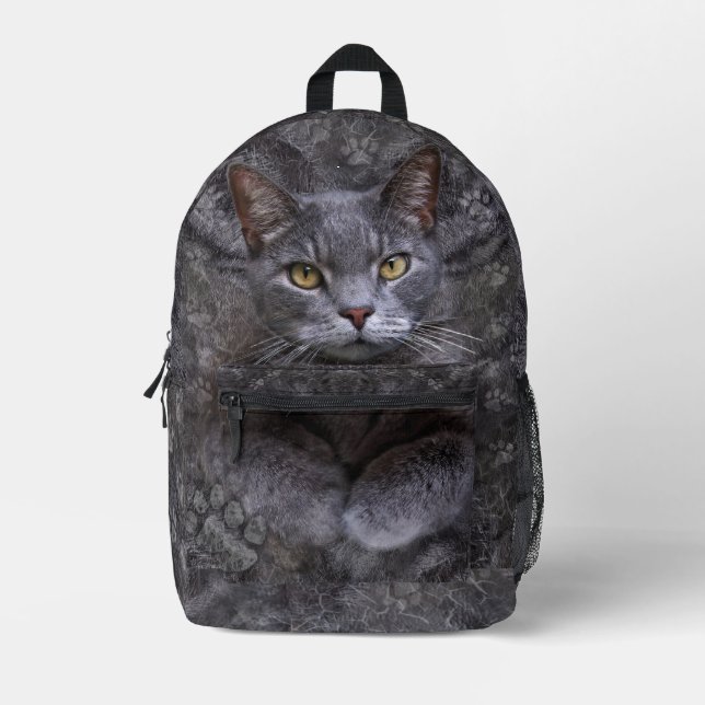 Gray Cat  Printed Backpack (Front)