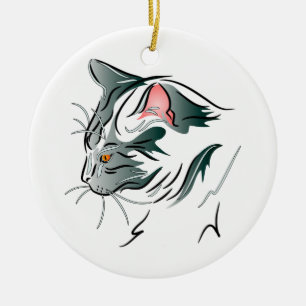 Gray Cat Profile Ceramic Ornament
