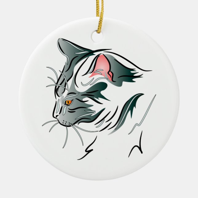 Gray Cat Profile Ceramic Ornament (Front)