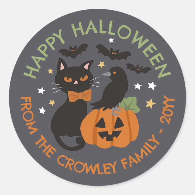 Gray Cat Pumpkin Raven Happy Halloween Classic Round Sticker (Front)