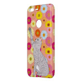 Gray Cat Reaching for Flowers Phone Case (Back/Left)