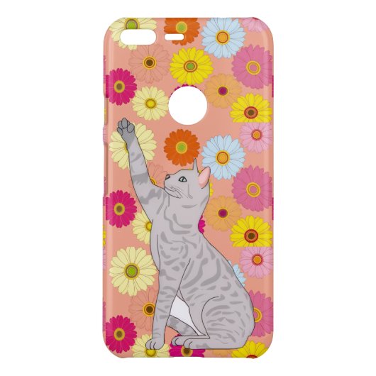 Gray Cat Reaching for Flowers Phone Case (Back)