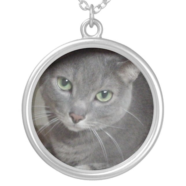Gray Cat Russian Blue Silver Plated Necklace (Front)
